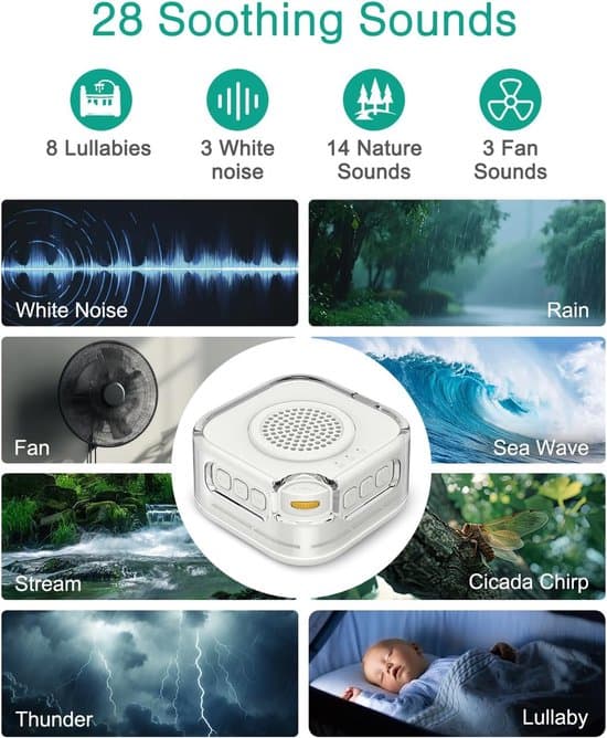 White noise machine with 28 sounds, noise detection, and portable Bluetooth