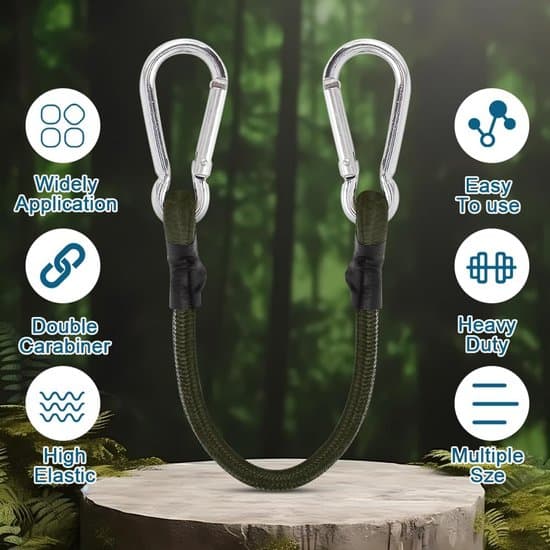 Elastiska rep med karbinhake - 4-pack - 30 cm - Slitstarka fästremmar - Elastiska krokar för camping - Presenningar - Bagage - Grön