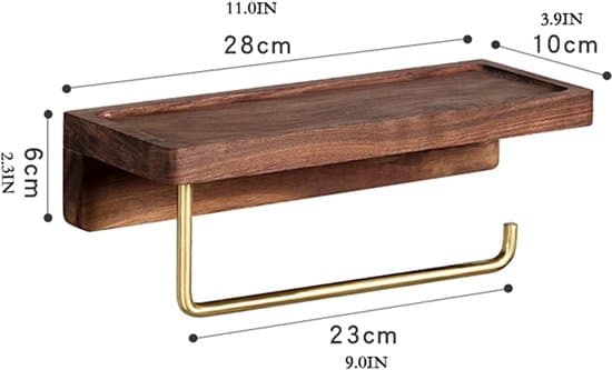 28x10cm Hylde til toiletpapir/håndklæder i træ og rustfrit stål