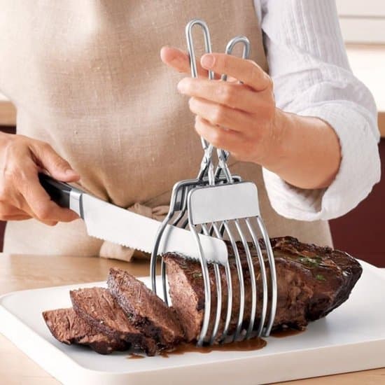 2-delat köksredskap i rostfritt stål för köttskärning, grillning och servering (silver)