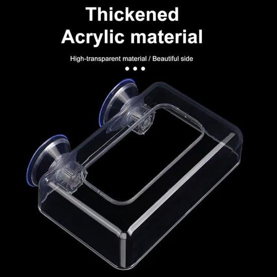 Akvariefiskefoderautomat, akrylfoderautomat, bred fodringsring, flydende arkfoderholder, rent og robust design, fremragende holdbarhed, akrylmateriale.