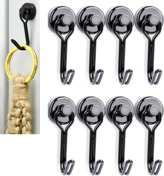 8-pack Neodym Magnetkrokar - 7 kg Last - Svart