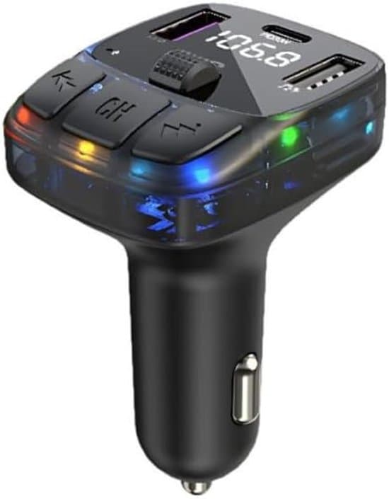 Bluetooth 5.3 MP3 FM-sender, 2 USB + 1 USB-C-porte, baggrundsbelyst LCD, biloplader, håndfri, 12V strøm