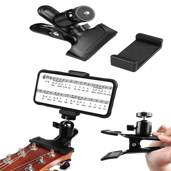 Gitarrhuvudhållare, gitarrtelefonhållare, smartphone, gitarr 360° roterande huvudhållare för telefon, lämplig för elgitarr eller akustisk gitarr