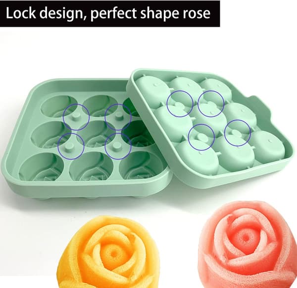 3D Rosformad Silikonisbitsform - Isbitsform med lock och tratt - Lättsläppande silikonform - Gör 9 rosformade isbitar