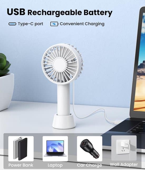 Mini håndholdt ventilator, 5 vindhastigheder med base, USB genopladelig, lommeventilator