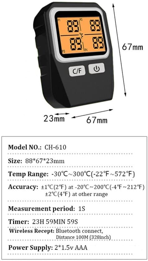 Digital kötttermometer - BBQ-termometer - 4 mätprober - Ugnstermometer - Trådlös med app - Bluetooth - Batteri ingår ej