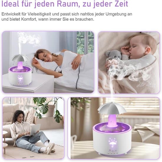 Luftfugter, Aroma Diffuser, Paraply Luftfugter, Roterende Paraply Dråbe Luftfugter, Aromaterapi Diffuser med 7-farvet LED-belysning, Hvid, 300 ml
