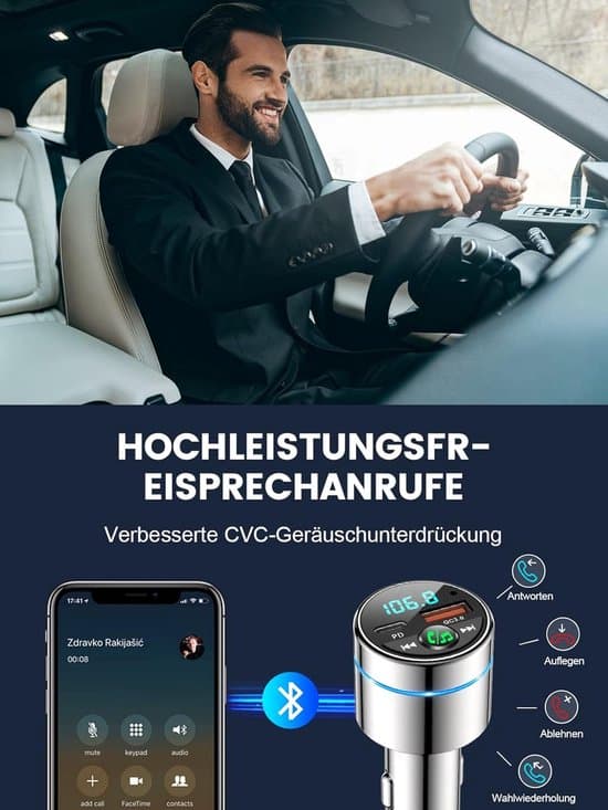 Bil FM-sender, Bluetooth 5.3, PD30W & QC3.0 Hurtigopladning, Støjreducerende Håndfri, Ringindikator (Sort)