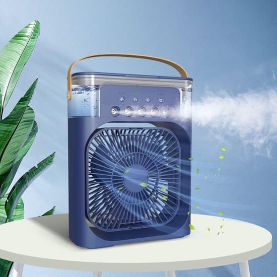 USB Mini Desktop AC Ventilator, Forstøver, Diffuser, Luftfugter, Timer, 7-farvet LED, Blå