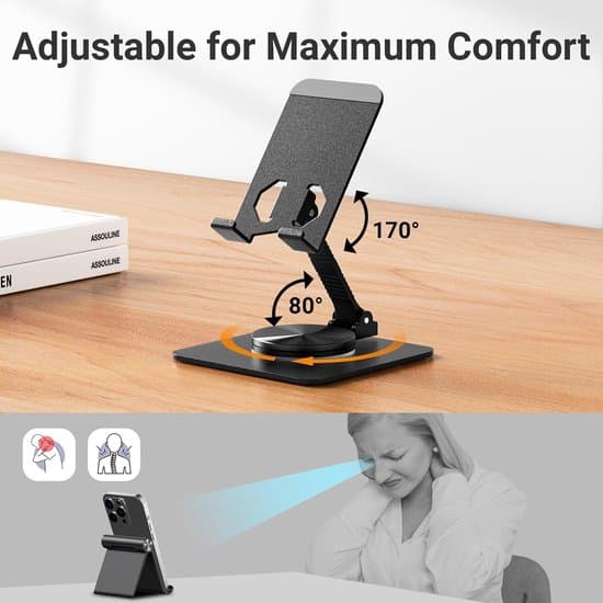 360° Roterbar Sammenfoldelig Desktop Telefon- og Tabletstander - Sort