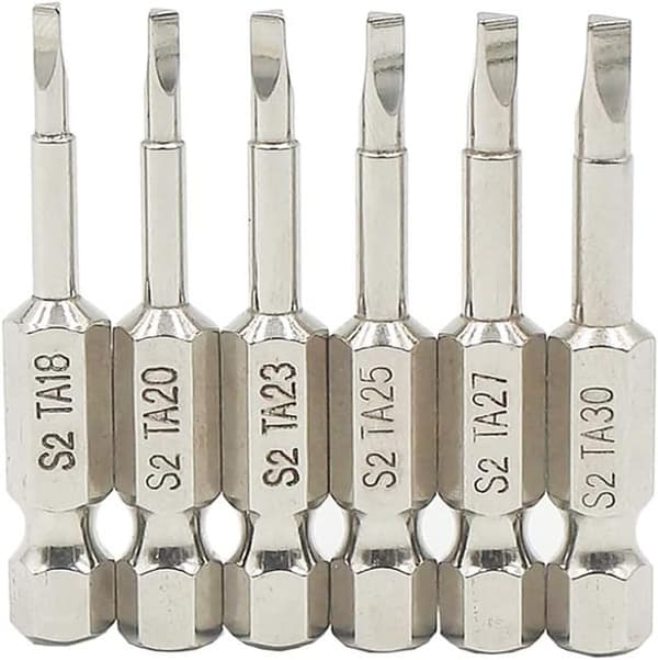 6-delars set med 50 mm 1/4\" magnetiska sexkantsskaftade triangulära skruvmejselbits, S2 stål och triangulära borr.