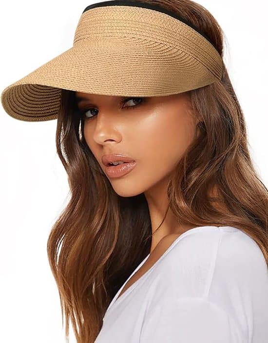 Dame solhat, strå, UPF 50+, foldbar, visir, Khaki, One size