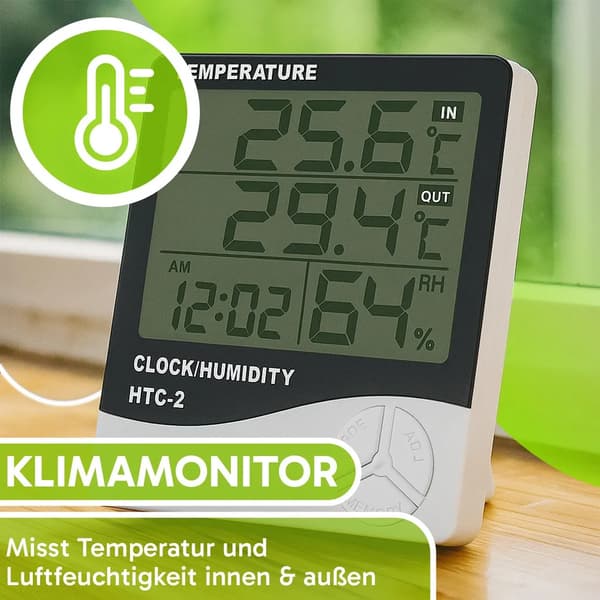Digital termometer och hygrometer med sensor, inomhusklocka, termometer- och hygrometerfunktioner, temperaturmätning