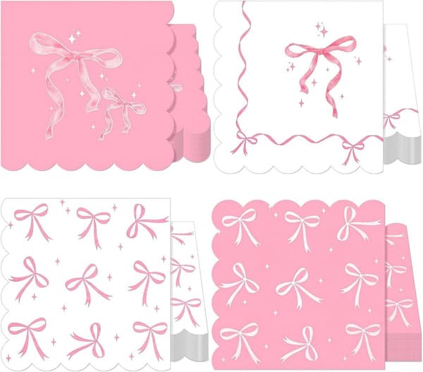 20 lyserøde servietter med sløjfe (33x33 cm) – perfekte til børnefester og babyshower.