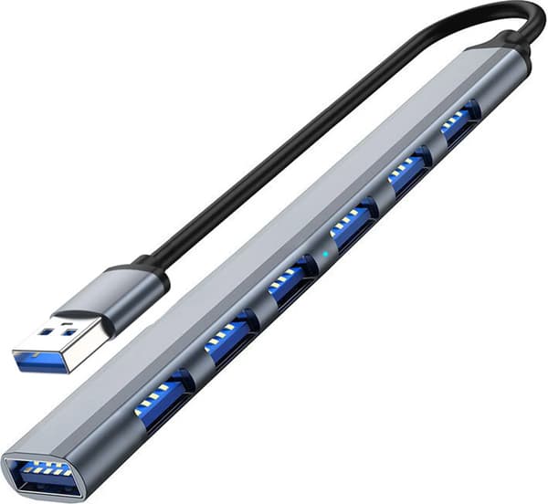 USB 3.0 til USB 2.0/3.0 USB-hub, 7 porte, sølvgrå.