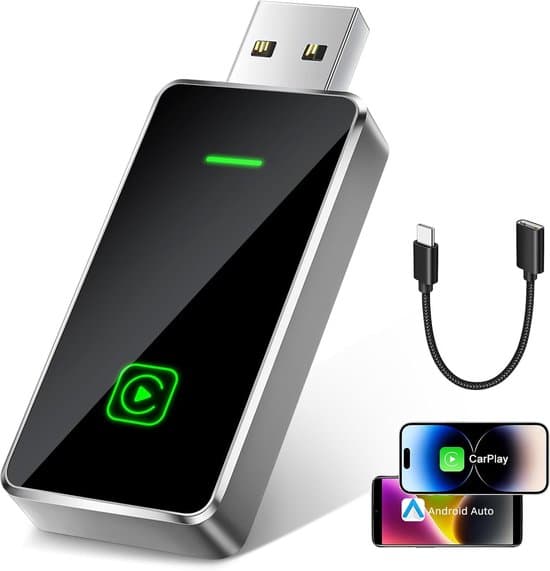 - 2-i-1 trådløs CarPlay og Android Auto-adapter, kablet til trådløs, USB/USB-C-interface, stabil forbindelse, intelligent stemmestyring.