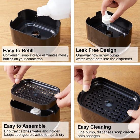 Sæbedispenser med svampeholder - Sæbedispenser - Sort sæbedispenser - Køkken sæbedispenser - ABS-plast - Sort