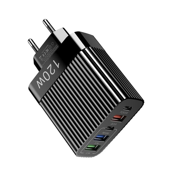 Telefon-/tablet-oplader, 120W, 3 USB-porte + 2 PD-porte, sort