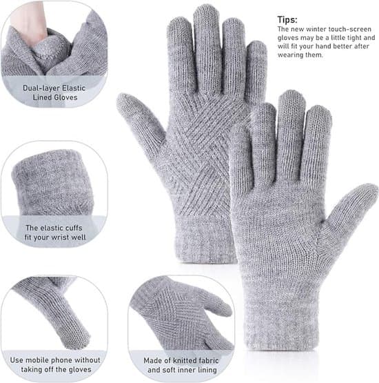 Kvinders vinterstrikkede touchscreen fingerærmer, dobbeltlags elastiske handsker - 22*8cm - Sort