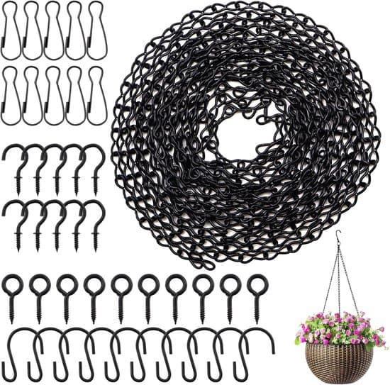 500 cm sort stålkæde med kroge, clips og skrueringe til ophængning af planter og fuglefoderbræt