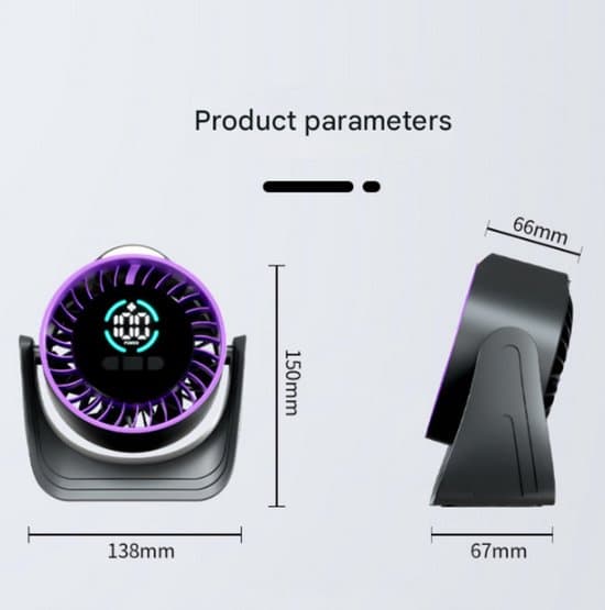 Ventilator, genopladelig bordventilator, 100 hastigheder, LED-display, 360° rotation