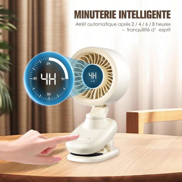 Mini USB-bordsfläkt med klämma, uppladdningsbart batteri, oscillationsfunktion, timer och steglös hastighetskontroll.