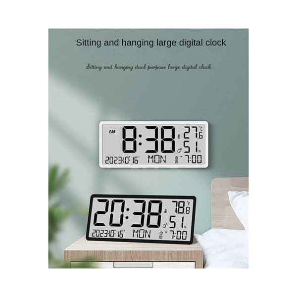 En digital LCD-väckarklocka med temperatursensor, som stöder vägg- och skrivbordsinstallation, manuell och automatisk displayjustering - B