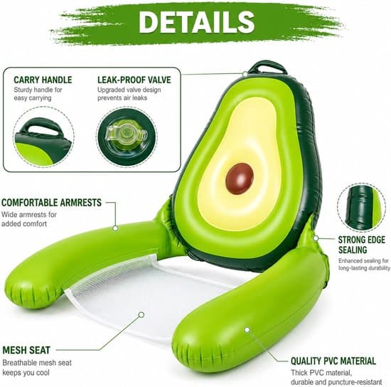 Oppustelig Avocado Pool Float til voksne, Flydende Stol med Ryglæn, Armlæn og Net-sæde, Grøn.