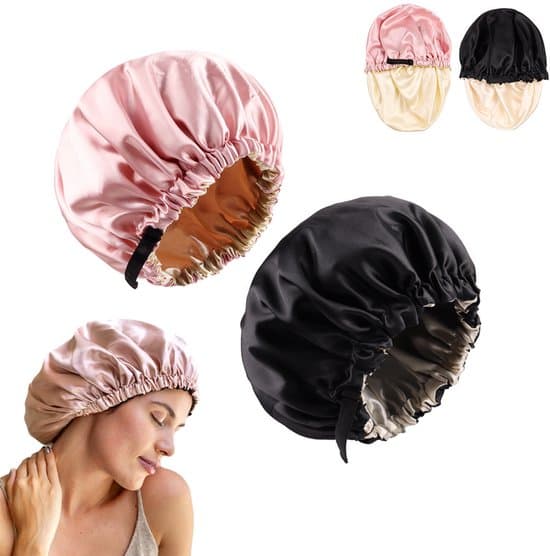 Justerbar Dobbeltforet Satin Sovehætte Hårpleje Bonnet - Pink/Sort