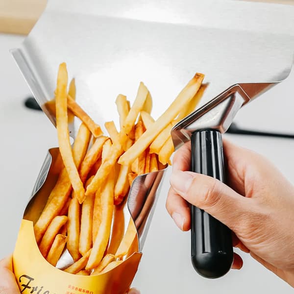 Multifunktionel enkeltgrebs pommes frites-ske i rustfrit stål, sølv