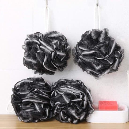 Fire loofah badebolde, 60 gram mesh badebolde, sorte badebolde, som vist på billedet.