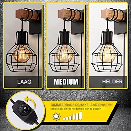 Industriel Væglampe - Retro Design - Sort med Trædetaljer - Dæmpbar