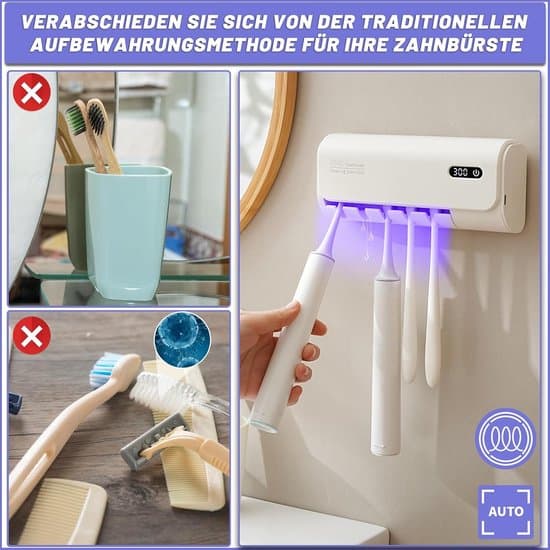 UV-tandbørstesterilisator med holder til 5 tandbørster | Vægmontering, tørrefunktion