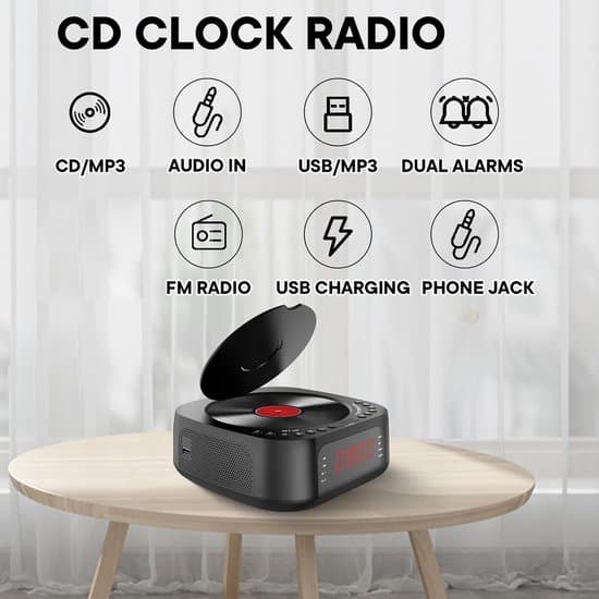 CD-soittimen herätyskello, Bluetooth-pöytäsoitin FM-radiolla, musta