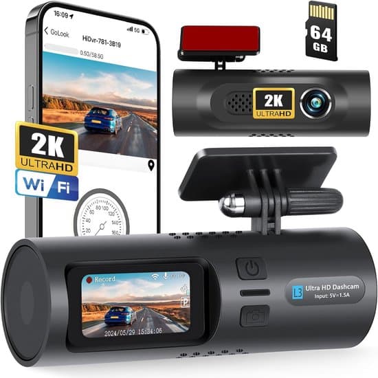 Bil Dashcam, 2K WiFi App-kontroll, Främre & Interiör Dashcam med 64GB SD-kort, 1.5\" Display, Stöder Parkeringsövervakning, G-Sensor, Loop-inspelning