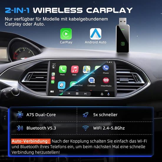 - 2-i-1 trådløs CarPlay og Android Auto-adapter, kablet til trådløs, USB/USB-C-interface, stabil forbindelse, intelligent stemmestyring.