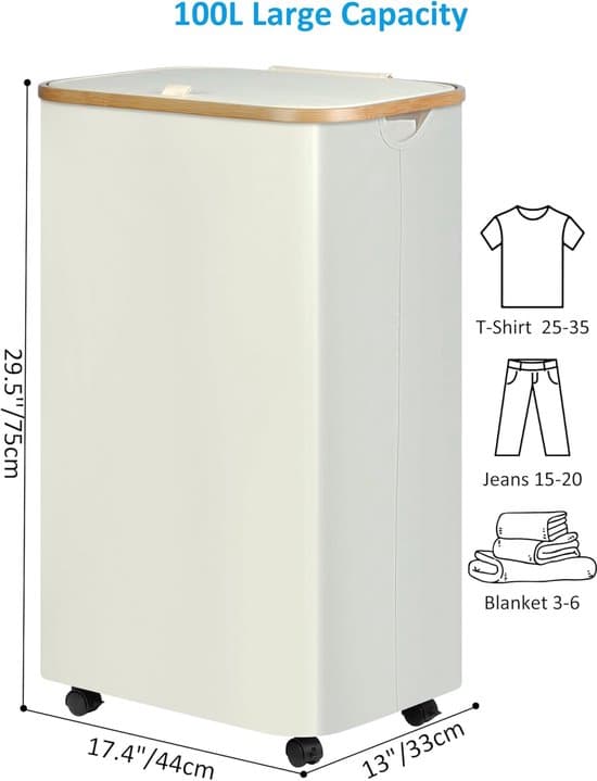 Extra stor tvättkorg med hjul - 100L - Beige - Bambu - Med lock
