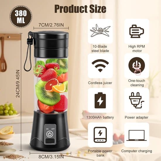 Bærbar Blender - Smoothie Maker - Lav sunde drinks - 10 knive i rustfrit stål - 380 ml - Sort