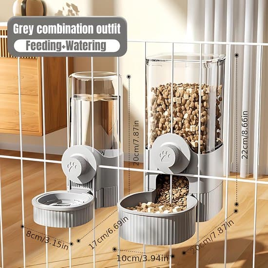 Automatisk Foder- och Vattendispenser Set Kanin-Marsvin Hängande Gravitation 1200ml Grå