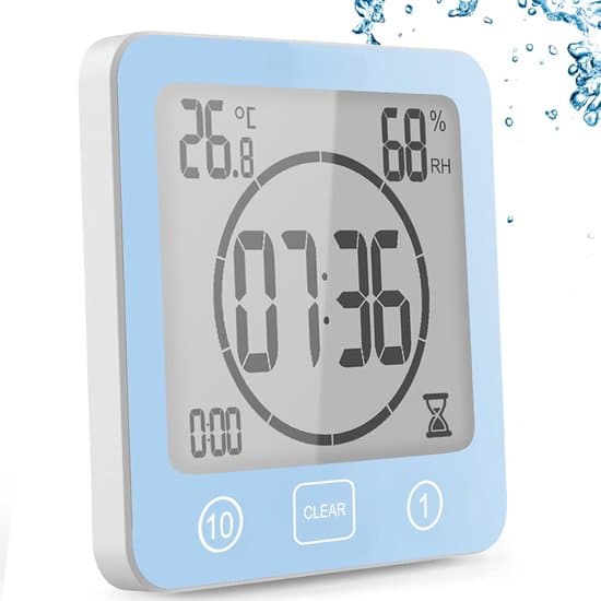digital duschtimer med sugkopp, vattentät duschklocka med hygrometer och termometer, nedräkningsfunktion, digital LCD-väckarklocka, blå