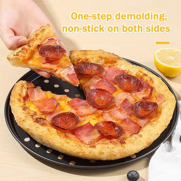 4 runde pizzapander - Pizzabagepander - Runde - Non-stick belægning - Grå perforeret