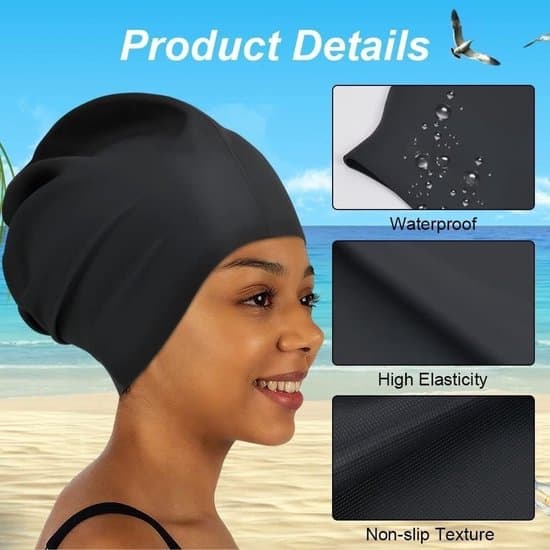 Ekstra-stor badehætte til langt hår, unisex vandtæt silikone badehætte til tykt, krøllet hår, dreadlocks, sort.