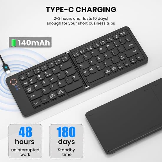 Mini hopfällbart Bluetooth-tangentbord - synkroniserar upp till 3 enheter - ultratunt aluminium, resevänligt - för iPhone, iPad, Mac, Android, Windows, iOS (svart)