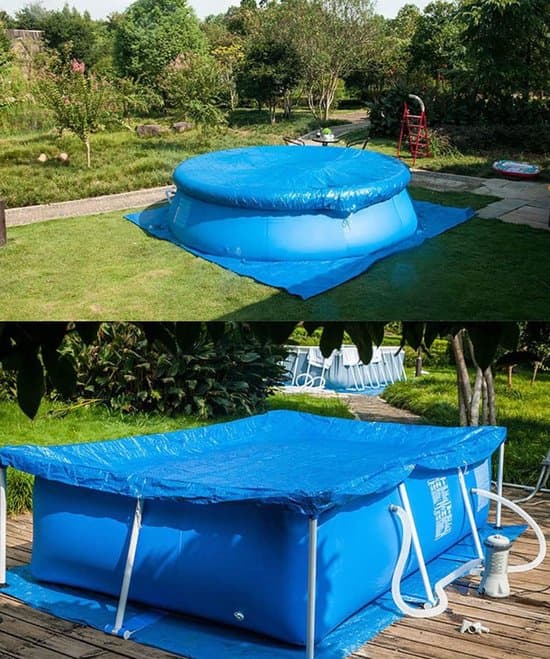 Vattentät poolmatta - Poolskyddsmatta - Vikbar - Polyestertyg - 200 x 300 cm - Säkerhetsvarningar - Poolskydd