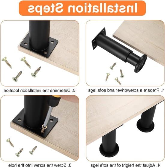 Fire sorte justerbare møbelben (12-18 cm), velegnet til skabe, sofaer og borde.