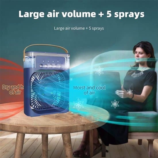 Bærbar USB Mini Aircondition, luftfugter, 7-farvet LED, Blå