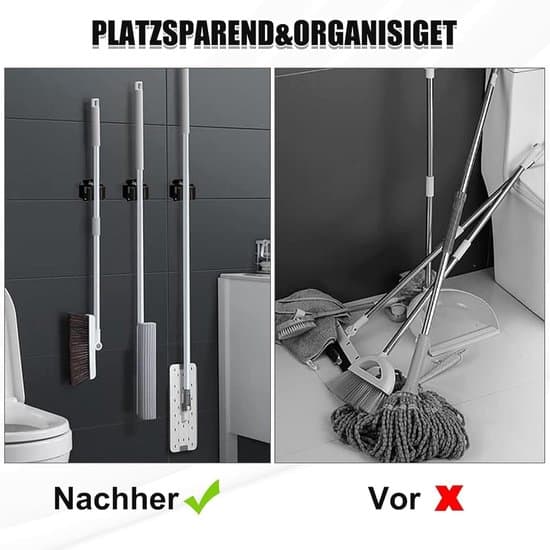 4-delt vægmonteret magnetisk kost- og moppeholder sæt - Sort