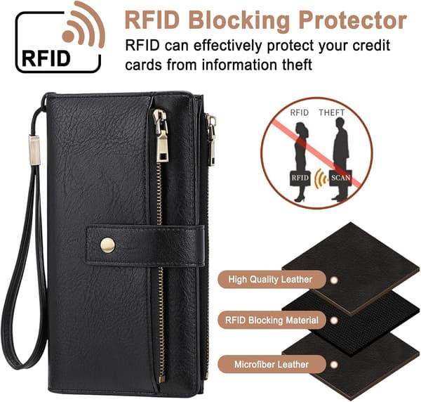 Stor RFID-blokerende PU-læderpung med 24 kortpladser og håndledsrem (sort).