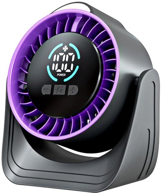 Ventilator, genopladelig bordventilator, 100 hastigheder, LED-display, 360° rotation
